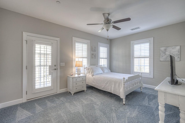 carpeted bedroom with access to outside and ceiling fan