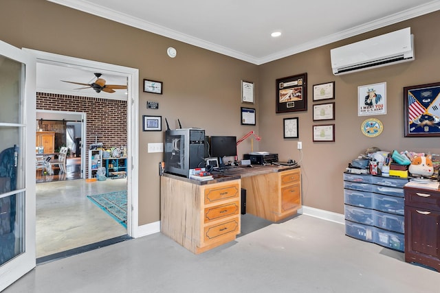 office area featuring ornamental molding, brick wall, a wall mounted AC, ceiling fan, and a barn door