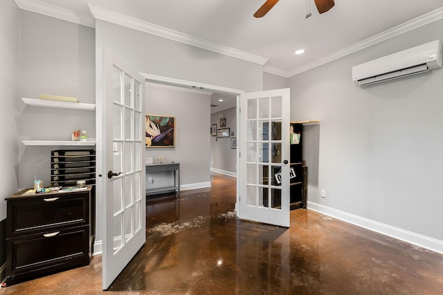 interior space with french doors, a wall mounted AC, crown molding, and ceiling fan