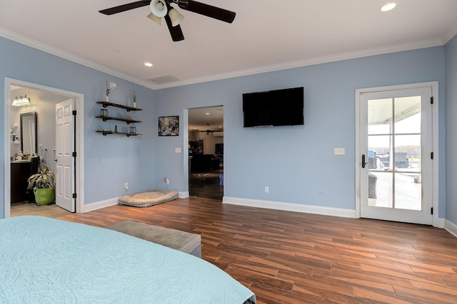 bedroom with access to exterior, ceiling fan, hardwood / wood-style floors, and crown molding