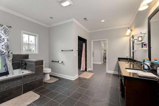 bathroom with tile patterned floors, ornamental molding, vanity, tiled tub, and toilet