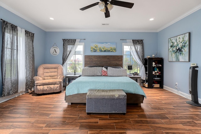 bedroom with multiple windows, ceiling fan, and dark hardwood / wood-style floors