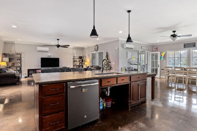 kitchen featuring sink, stainless steel dishwasher, a wall mounted AC, crown molding, and a kitchen island with sink