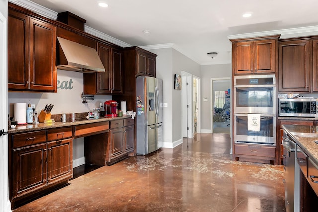 kitchen with dark stone counters, wall chimney exhaust hood, ornamental molding, dark brown cabinets, and stainless steel appliances