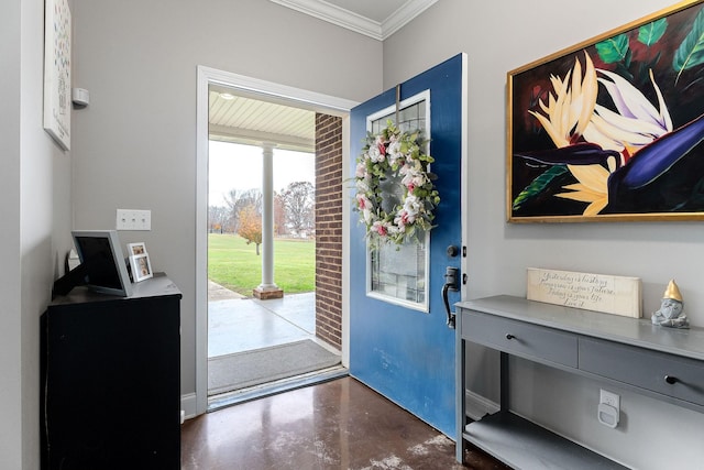 doorway to outside with crown molding