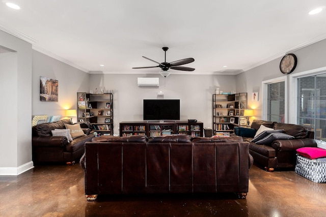 living room featuring an AC wall unit, crown molding, and ceiling fan