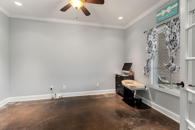 office area with ceiling fan, concrete flooring, and ornamental molding