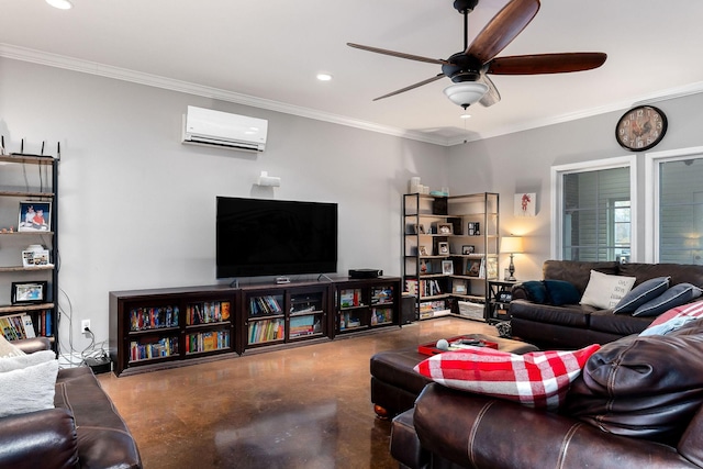 living room with a wall mounted air conditioner, concrete flooring, ornamental molding, and ceiling fan