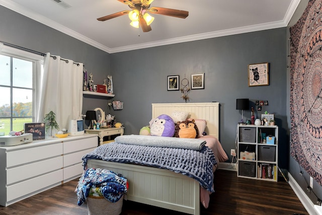 bedroom with ceiling fan, dark hardwood / wood-style floors, and ornamental molding