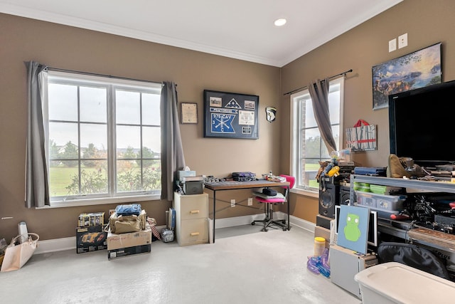 office space with ornamental molding