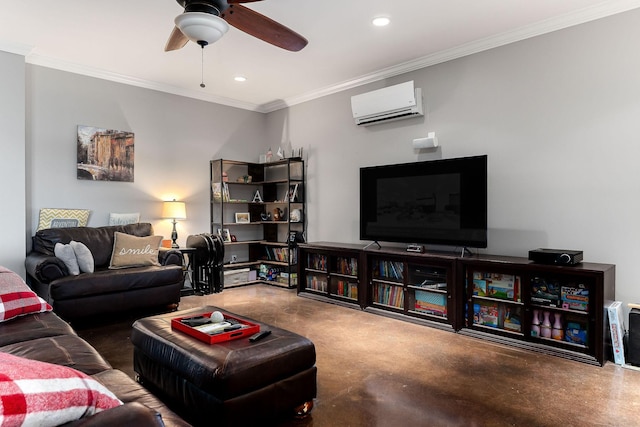 living room with ceiling fan, concrete flooring, crown molding, and a wall unit AC