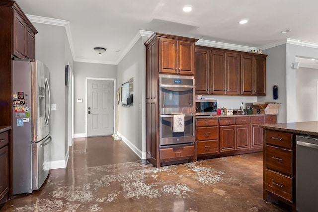 kitchen with ornamental molding and appliances with stainless steel finishes