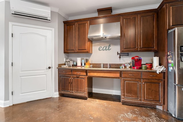 kitchen with wall chimney range hood, stainless steel fridge with ice dispenser, a wall unit AC, black electric cooktop, and ornamental molding