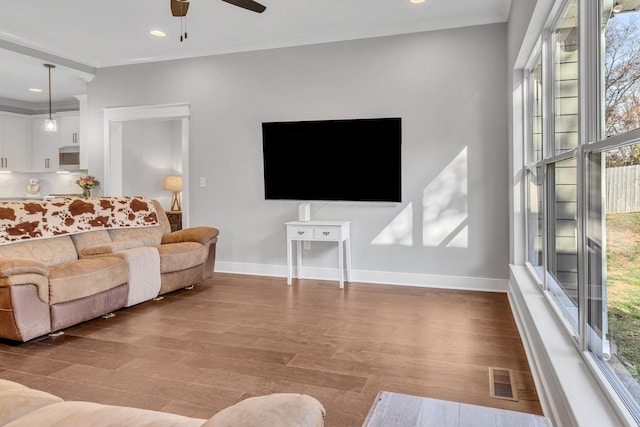 living room featuring light hardwood / wood-style floors, plenty of natural light, and crown molding