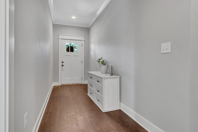 doorway with dark hardwood / wood-style floors