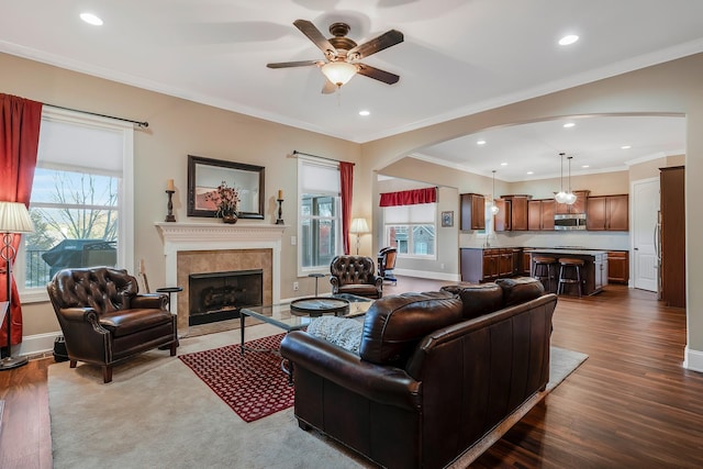 living room with wood-type flooring, ceiling fan, a wealth of natural light, and a tiled fireplace