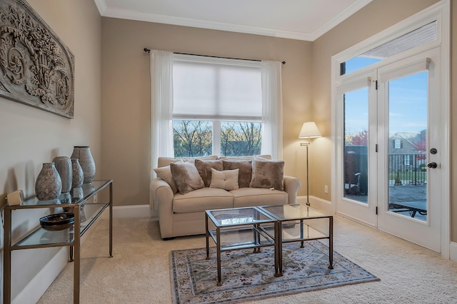 living room featuring crown molding and light colored carpet