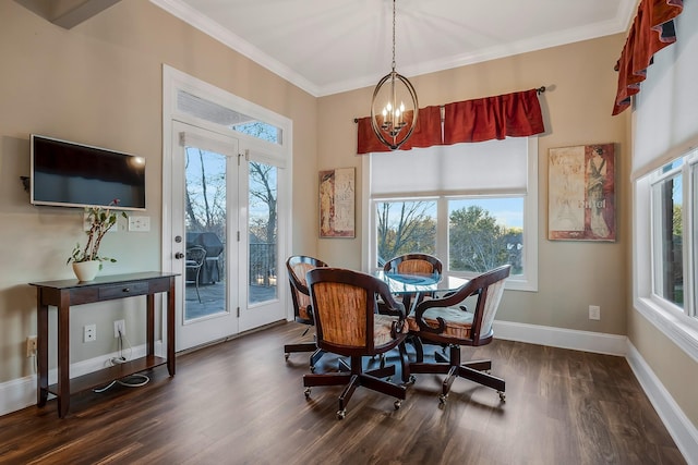 dining space with a chandelier, crown molding, and dark wood-type flooring