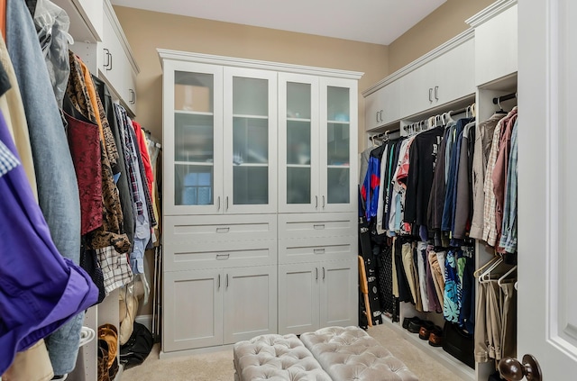 walk in closet featuring light carpet