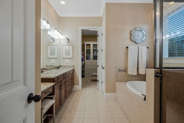 bathroom featuring tile patterned flooring, vanity, shower with separate bathtub, and crown molding