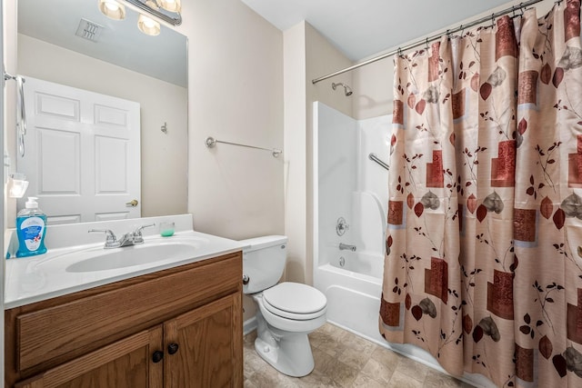 full bathroom with vanity, toilet, and shower / bathtub combination with curtain