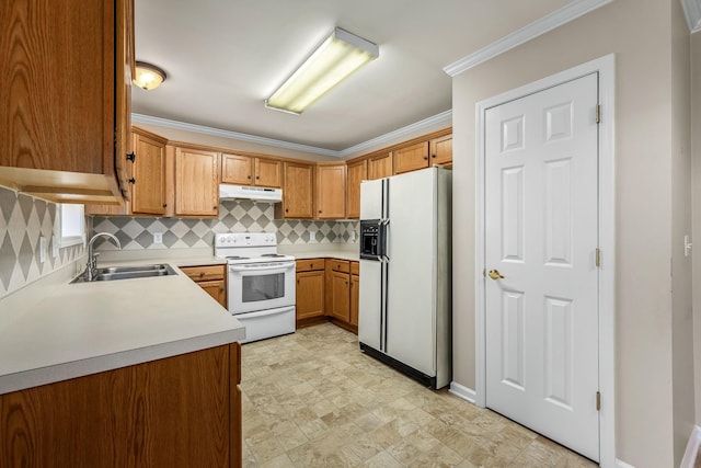 kitchen featuring tasteful backsplash, crown molding, sink, and white appliances