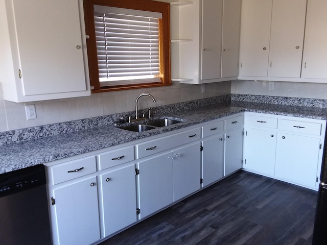 kitchen with dishwasher, dark hardwood / wood-style flooring, white cabinets, and sink