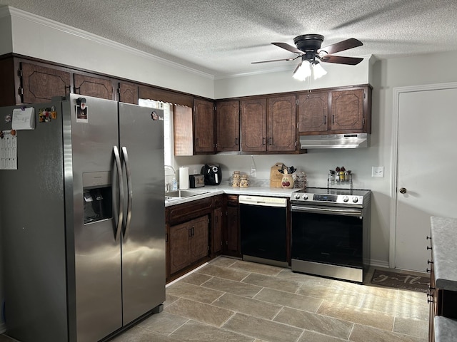 kitchen with a textured ceiling, dark brown cabinetry, stainless steel appliances, and sink