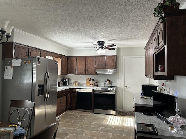 kitchen with ceiling fan, ornamental molding, a textured ceiling, appliances with stainless steel finishes, and dark brown cabinets