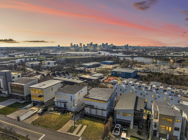 view of aerial view at dusk