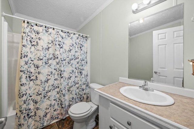 bathroom featuring vanity, a textured ceiling, and crown molding