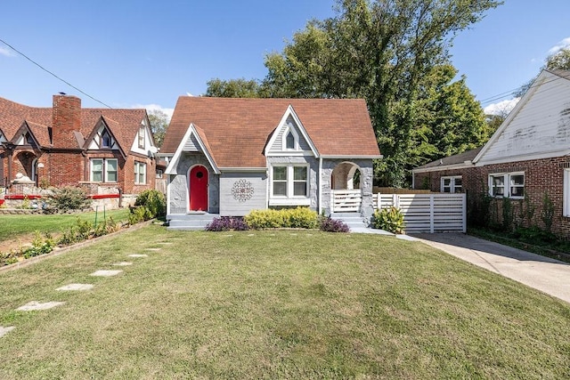 tudor-style house with a front lawn