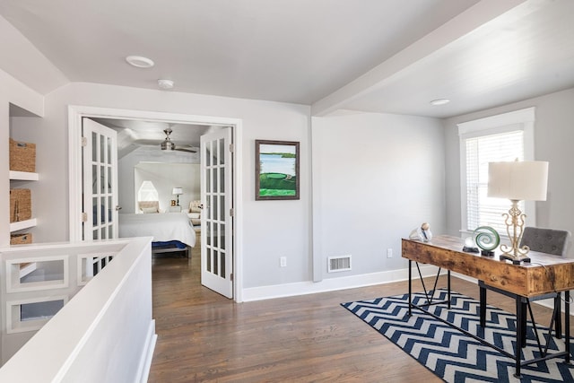 office area featuring dark wood-type flooring and french doors