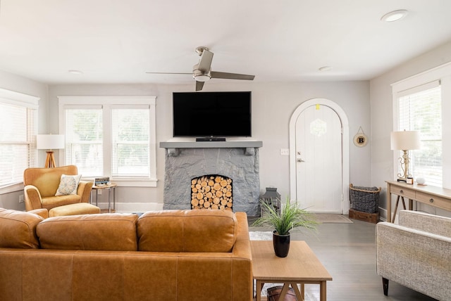 living room with ceiling fan, a stone fireplace, and wood-type flooring