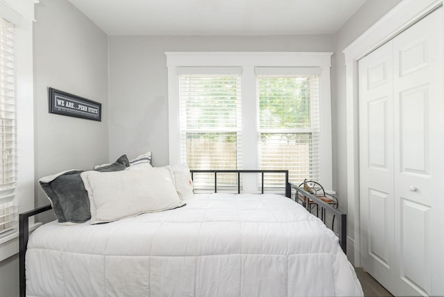 bedroom featuring hardwood / wood-style flooring and a closet