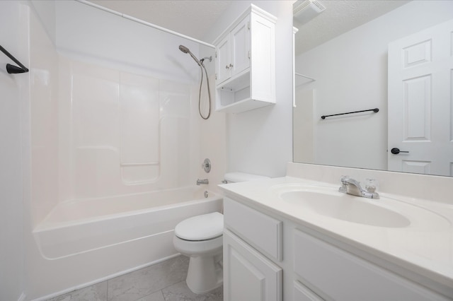 full bathroom featuring bathtub / shower combination, vanity, a textured ceiling, and toilet