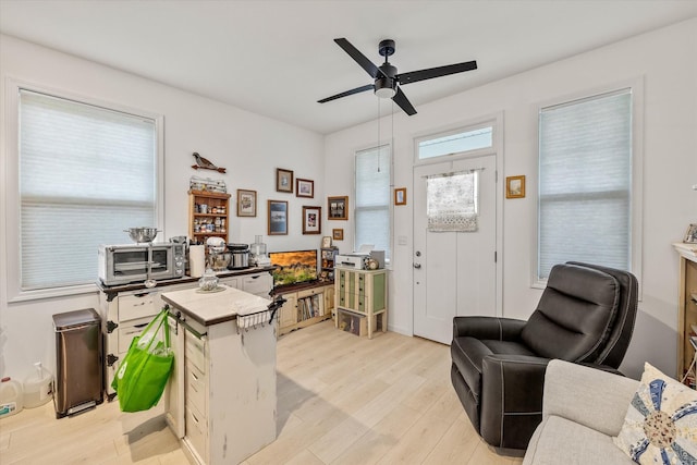 home office with a wealth of natural light, light hardwood / wood-style flooring, and ceiling fan