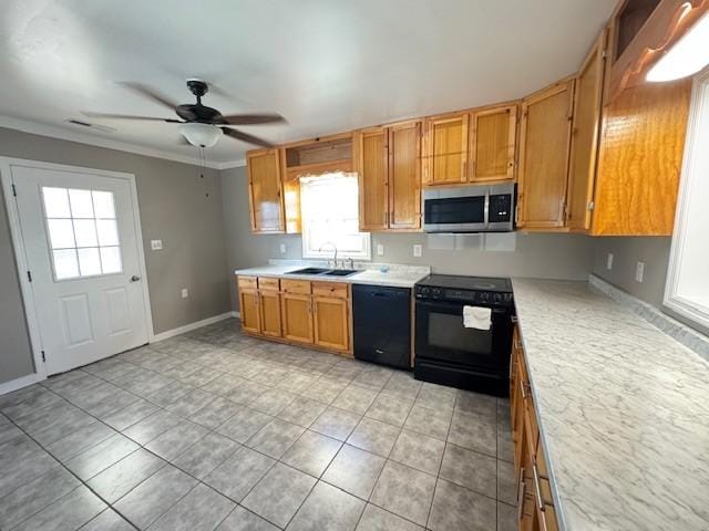 kitchen with ceiling fan, crown molding, sink, black appliances, and light tile patterned floors