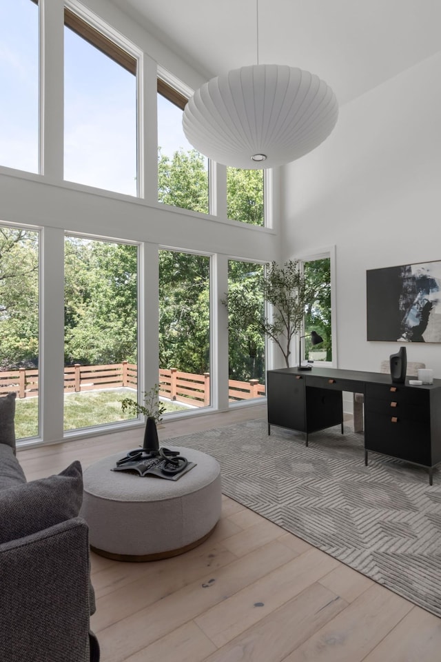 living room with a towering ceiling and hardwood / wood-style flooring