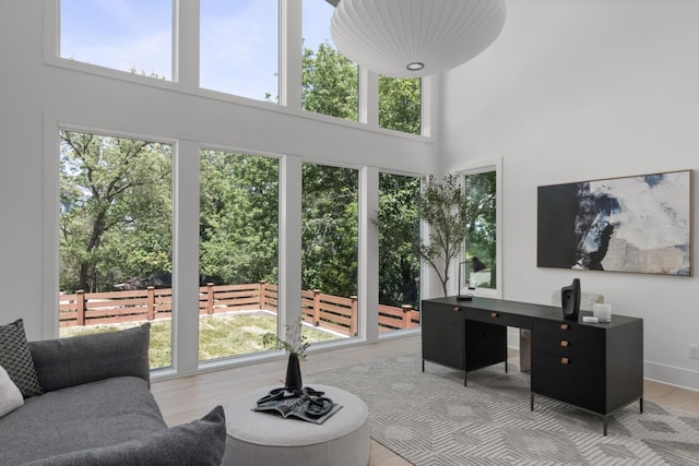 home office featuring hardwood / wood-style floors, a towering ceiling, and a healthy amount of sunlight