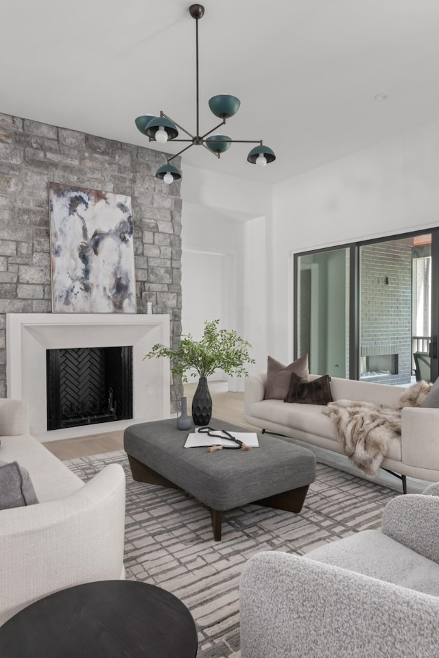 living room featuring a notable chandelier