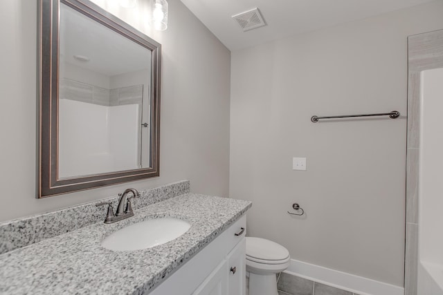 bathroom featuring walk in shower, tile patterned flooring, vanity, and toilet