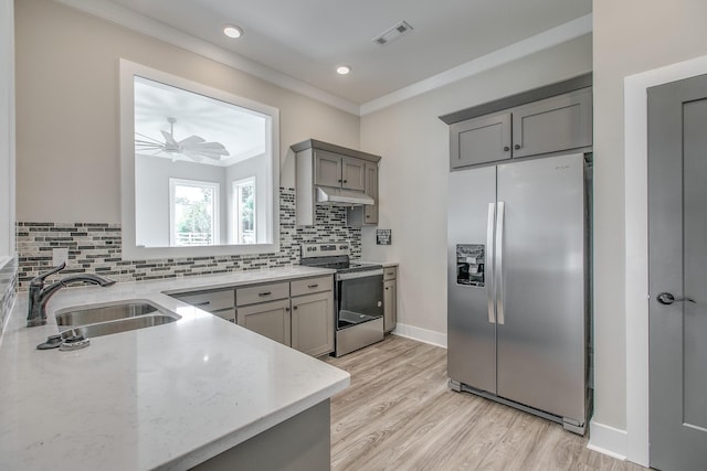 kitchen with sink, stainless steel appliances, backsplash, gray cabinets, and ornamental molding