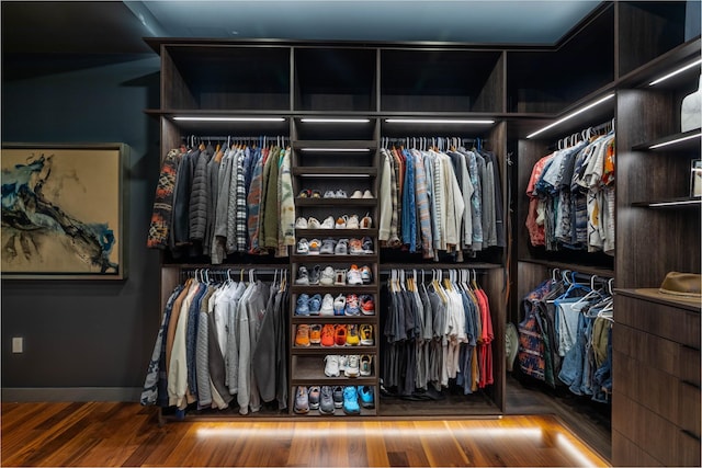 walk in closet with hardwood / wood-style floors