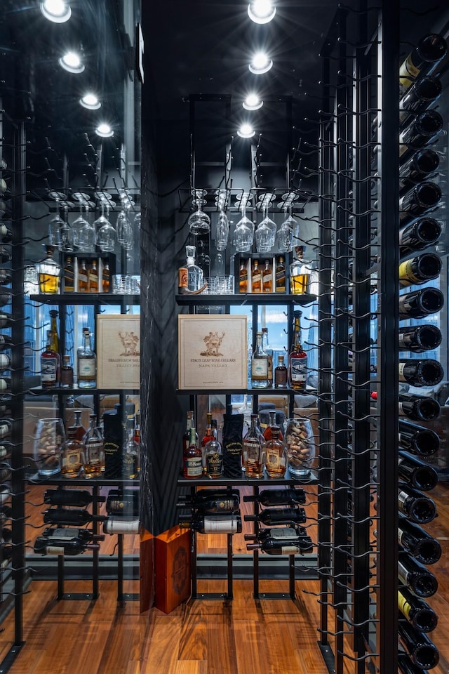 wine area with hardwood / wood-style flooring