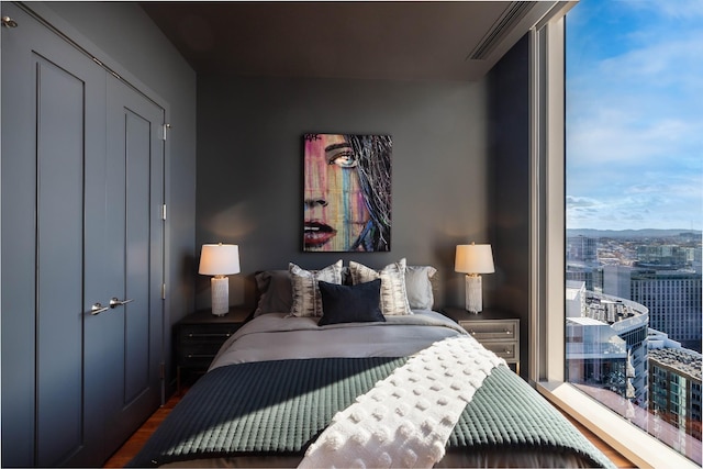 bedroom featuring dark hardwood / wood-style flooring and a closet