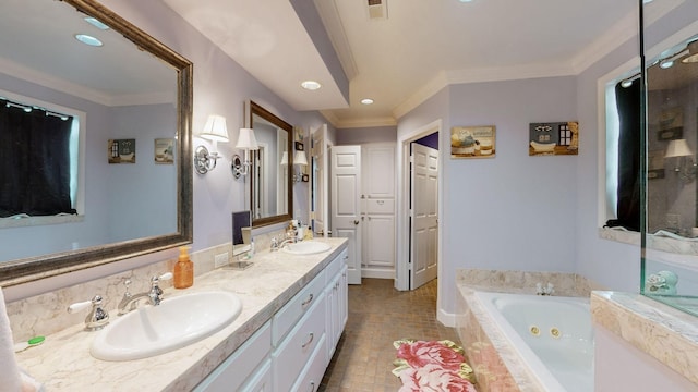 bathroom featuring vanity, crown molding, and tiled tub