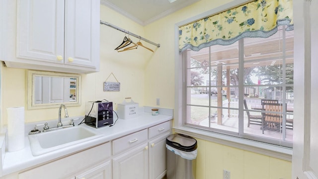 kitchen featuring crown molding, sink, and white cabinets