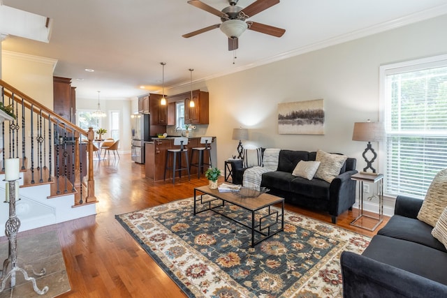 living room with sink, dark hardwood / wood-style flooring, ceiling fan with notable chandelier, and ornamental molding