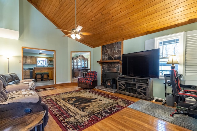 living room with wood-type flooring, high vaulted ceiling, ceiling fan, and wood ceiling